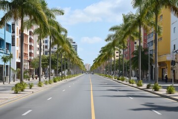 Palm tree-lined urban street in a vibrant city showcases modern architecture and tranquility