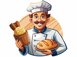 A detailed vector of a male baker wearing a white uniform and chef’s hat, smiling and holding bread, isolated on white