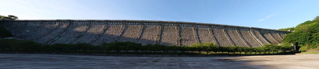 kensico dam along the bronx river greenway in valhalla new york westchester county (wide angle panorama of hydro plant reservoir park)