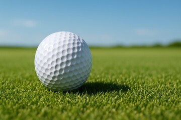 Obraz premium Pristine Golf Ball on Green A Classic White Dimpled Golf Ball Resting on Perfectly Manicured Green Grass Ready for a Game of Golf Under a Clear Sky