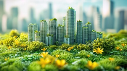 Green Skyscrapers in a Lush Flower Meadow &ndash; Sustainable Urban Concept

