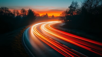 Fototapeta premium Long road with a sunset in the background. The road is illuminated by the headlights of cars, creating a sense of motion and energy. The scene evokes a feeling of excitement and anticipation
