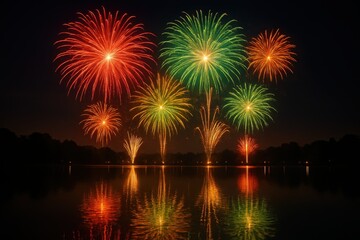 Fototapeta premium Spectacular fireworks display exploding in vibrant bursts of red gold and green over a calm lake reflecting the dazzling lights during a Diwali festival celebration at night.