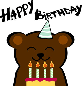 Miś z tortem i napisem Happy Birthday &ndash; ilustracja urodzinowa
