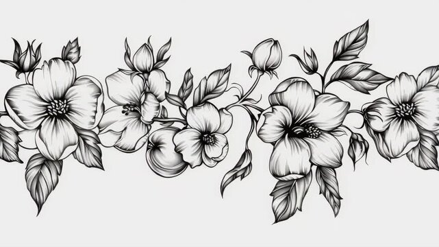 An ornmental line divider, black and white, with apple flowers, apple on the center, Generative AI videos.