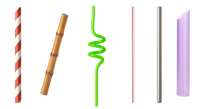 Collection of drinking straws in various materials and styles, including paper, bamboo, plastic, stainless steel, and bent shapes
