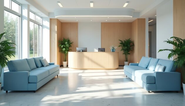 Modern clinic interior. Empty waiting area features blue sofas. Reception desk with computers and green plants. Sunlight from large windows. Clean design. Health care concept. - Powered by Adobe