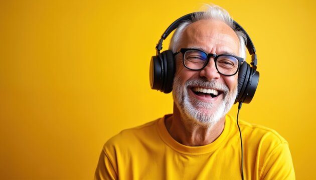 Senior man smiles listens music in headphones. Happy old man wearing glasses with white beard, yellow t-shirt, yellow background. Modern senior technology. Enjoying life.