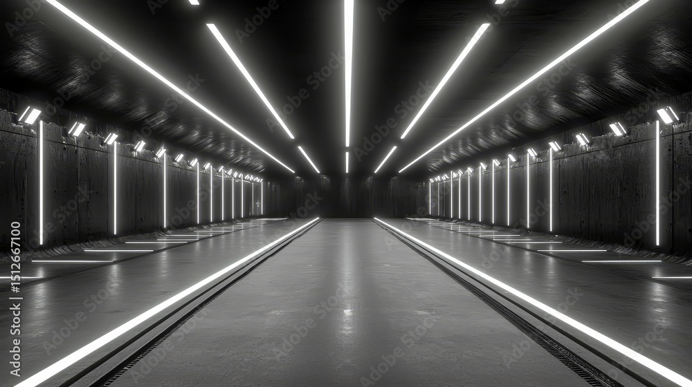 Aufkleber empty tunnel with a series of lights on the ceiling. The lights are arranged in a way that they create a sense of depth and movement, making the tunnel appear to stretch on forever