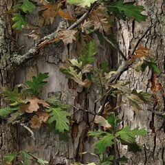 Oak Tree Bark Oak Leaves Hunting Camo Pattern, Seamless Camouflage Foliage Texture