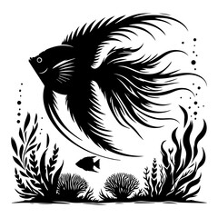A black and white silhouette of a stylized scalaria fish swimming at the bottom of a pond on a white isolated background. Vector graphics. EPS.
