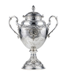 A large silver trophy with two handles and an open lid, isolated on a white background, png, transparent