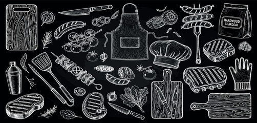 Barbecue Kebab food pattern. Hand drawn vintage steakhouse elements chalk wall. Grill bbq vector. Restaurant line background with doodle chicken, beef, sauce, pork wallpaper. Seamless barbecue pattern
