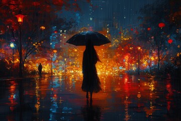 A figure with an umbrella stands under the glow of street lights in a rain-soaked city, capturing the vibrant energy of nightlife and the contrast of light against dark.