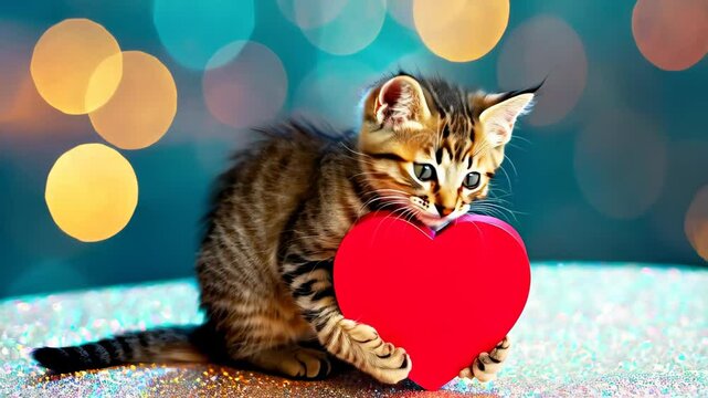 Small toyger kitten gently embracing a red heart on a sparkling glittery surface with bokeh lights in the background. Concept of love and tenderness