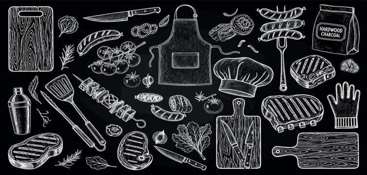 Barbecue Kebab food pattern. Hand drawn vintage steakhouse elements chalk wall. Grill bbq vector. Restaurant line background with doodle chicken, beef, sauce, pork wallpaper. Seamless barbecue pattern