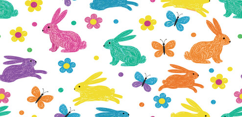 Bunny and butterfly pattern. Easter seamless flower and rabbit crayon vector background. Cute floral pattern with rainbow bunny animal, spring butterfly. Easter baby rabbit design. Watercolor print bg