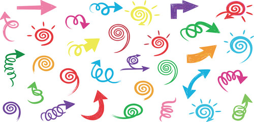 Color arrows. Brush, crayon, pencil line vector. Hand drawn pastel or marker shape element. Chalk arrow icon. Scribble design sketch bg. Abstract doodle kid color arrow set. Cute fun grunge background