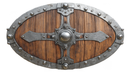 A medieval wooden shield with steel edges, white background, png, transparent