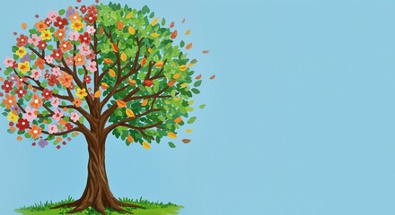 Obraz premium Colorful tree illustration with flowers and leaves against a blue background