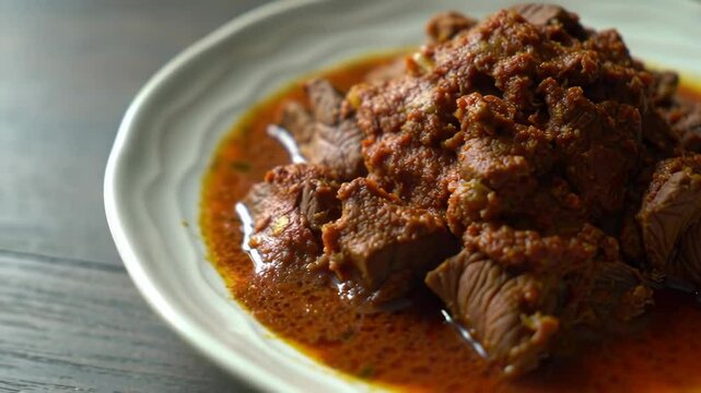 Close up of a plate filled with a generous portion of rendang beef curry dish