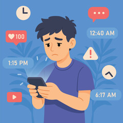 illustration of a man with an addition to a his cellphone and social media content, emotion illustration