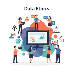 Data Ethics and Integrity: A graphic representation of a collaborative team of individuals engaging in discussions and sharing information related to data ethics and integrity.