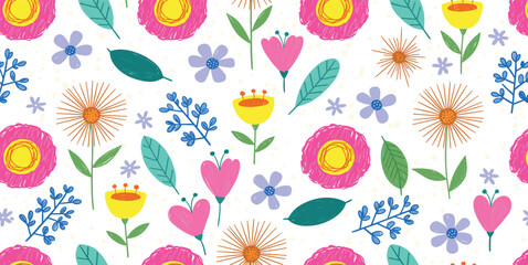 Flower crayon. Pastel chalk pattern. Child vector, spring seamless background. Floral cute kid color wax pattern. Childish pencil flower. Childlike drawing with daisy, grass, bloom. Seamless crayon bg