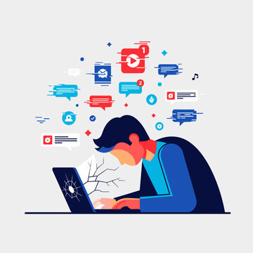 Digital Overload: A person absorbed in digital world, surrounded by a chaotic array of notifications and information, symbolizing the overwhelming nature of modern digital life.