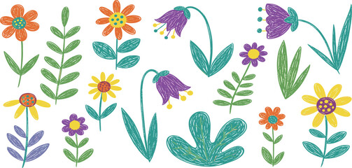 Flower kid crayon pencil vector. Childish spring floral background. Child color crayon chalk hand drawn with plant grass and spring flower. Pastel kid draw illustration. Cute floral simple doodle