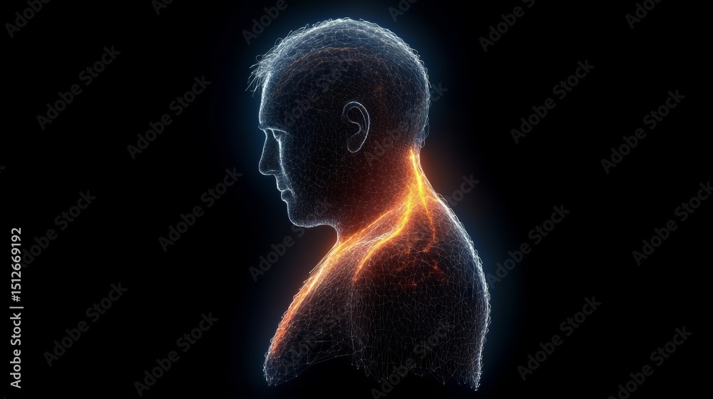 Poster man's head and neck are shown in a black background with a glowing orange line. the image is abstrac