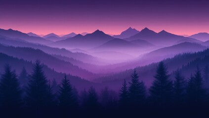 Obraz premium Serene Mountain Vista at Dusk: A breathtaking panoramic view of a mountain range enveloped in layers of soft violet and purple hues at dusk, evokes tranquility and natural beauty.
