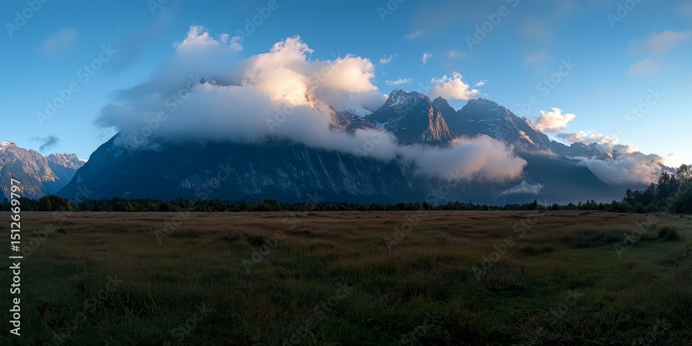 Poster mountain range is visible in the distance with a cloudy sky. the sky is blue and the clouds are whit