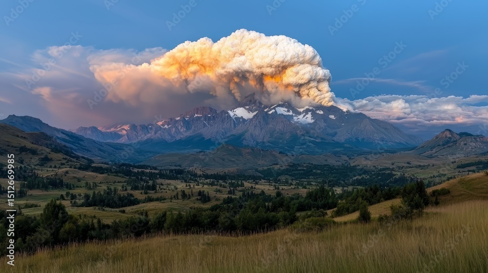 Poster mountain range with a large cloud of smoke rising from the top. the sky is blue and the sun is setti