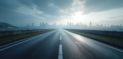 Empty asphalt road leading to modern city. Panoramic perspective, city skyline on horizon. Travel, transport concept. Urban scene, highway, cityscape. Road trip, business opportunity.
