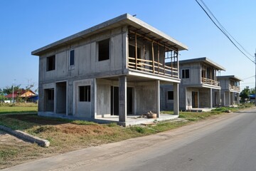 New Housing Development: Row of modern, unfinished houses under construction, showcasing contemporary design and promising new homes.