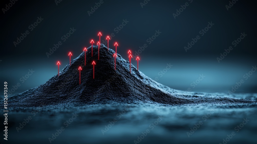 Poster mountain with many red arrows pointing upwards. the mountain is surrounded by a blue sky. concept of