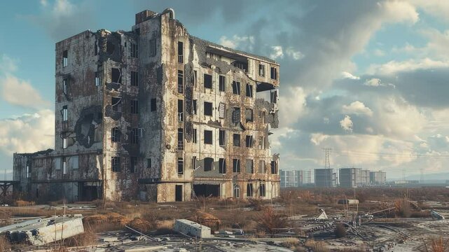 Post-apocalyptic view of a dilapidated building in a desolate landscape, dramatic sky