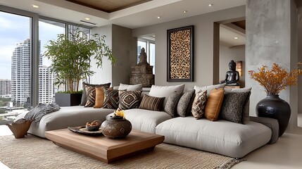 Luxury city apartment interior with asian statue high resolution image