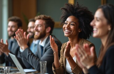 Obraz premium Diverse business team celebrates success with applause in office meeting. Happy colleagues clap hands, showing support for black woman. Teamwork, cooperation, corporate achievement.