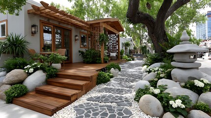 Luxury front yard design with natural rock features high resolution photo