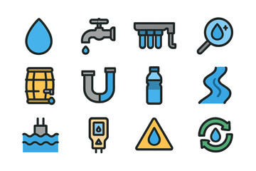 Water conservation icons featuring faucet, barrel, magnet, bottle, and recycling