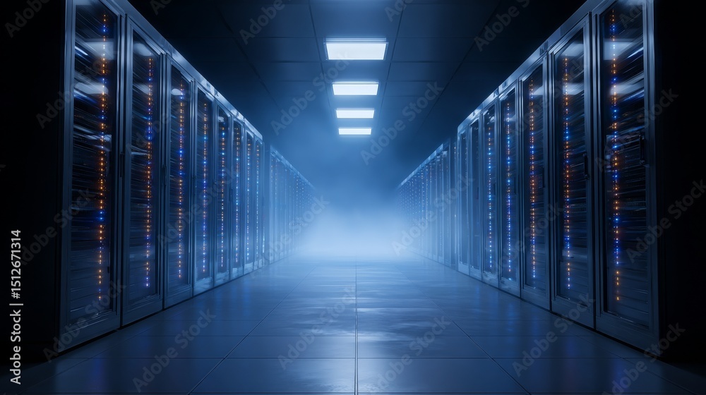 Poster image capture of a bustling data center corridor filled with rows of rack servers and supercomputers
