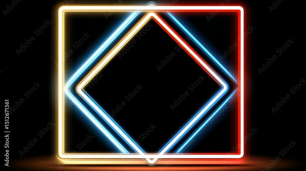 Poster neon sign with a red and blue square in the middle. the sign is lit up and he is glowing