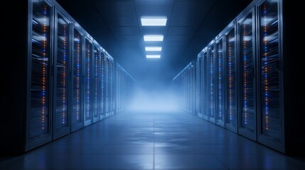 Fototapeta premium Image capture of a bustling data center corridor filled with rows of rack servers and supercomputers, complete with a vibrant internet visualization display
