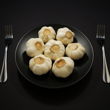 A dark plate with heap of garlics with silver forks together on black background close-up view, Eat garlic concept photography, Garlics over food plate top angle view, Conceptual image 
