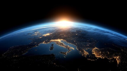 Obraz premium A panoramic view of the planet Earth globe from space, featuring glowing city lights and light clouds, is available as stock