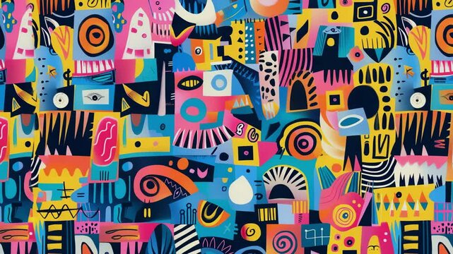 A colorful geometric abstract doodle art collage  seamless pattern, Generative AI Videos.