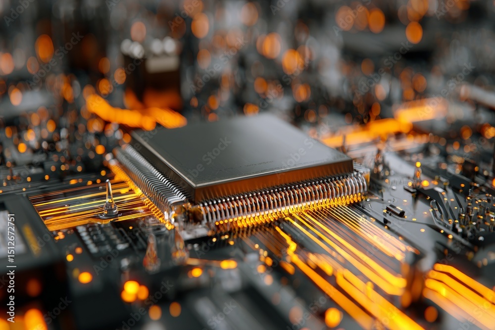 Poster a technological background featuring a circuit board with a central computer processor cpu concept, 