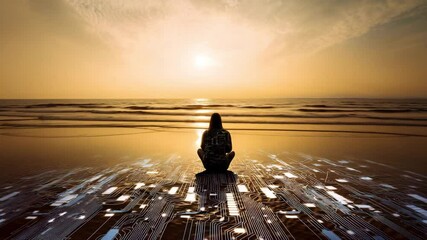 Sitting on a Digital Beach at Sunset, Where AI Circuits Merge with Nature in a Futuristic Travel Moment - Powered by Adobe